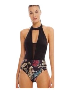 Costa Linda Beachwear High Neck One Piece Swimsuit NWT Med Black Floral Beaded